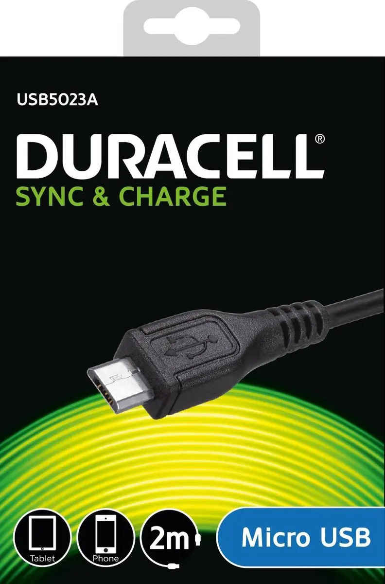Duracell USB2.0 A naar Micro USB Kabel 2m - Zwart