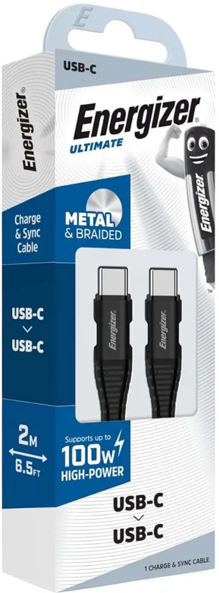 Energizer USB-C naar USB-C Kabel 100W - 2m - Zwart