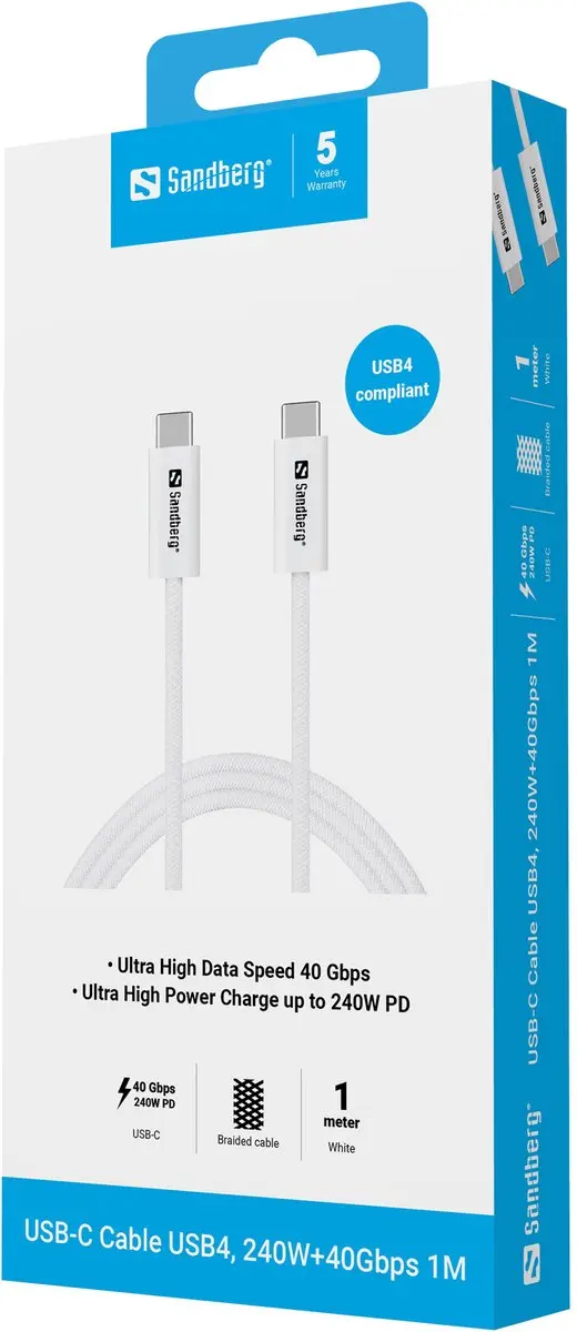 Sandberg 136-56 USB4 Gen 3x2 Kabel 1m - USB-C Wit