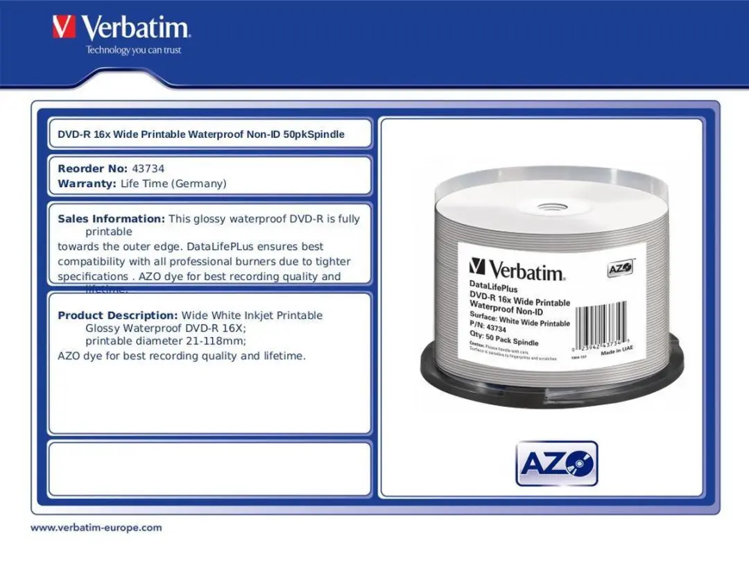 Verbatim 43734 DVD-R 4.7GB - 50 Stuks
