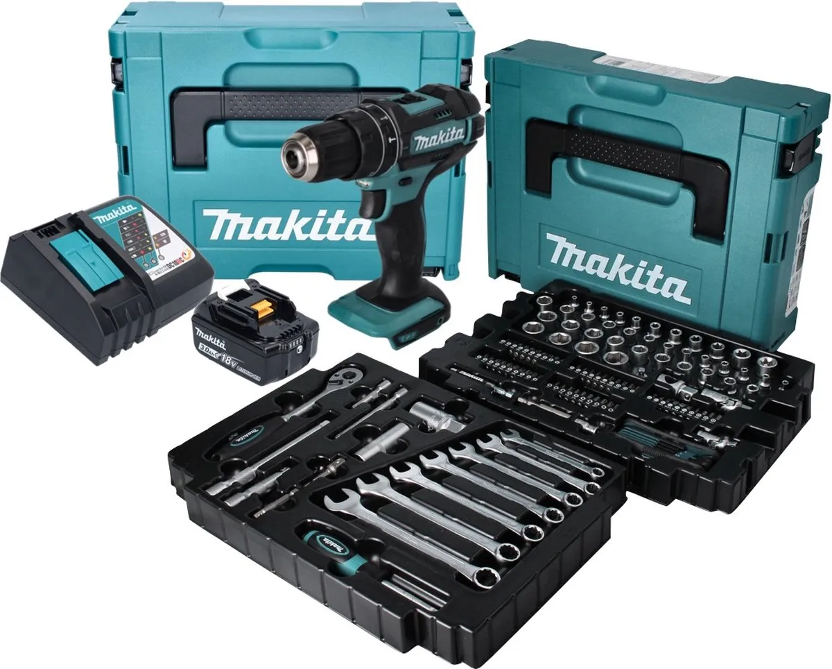 Makita DHP 482 RF1J Klopboormachine 18V - 2 Snelheden - 38mm Hout - 120-delige Set - afbeelding 4 van 5