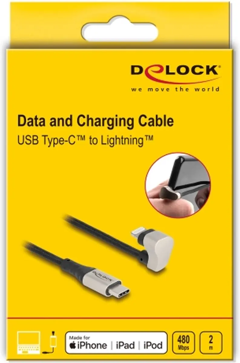 Delock USB-C naar Lightning Kabel 2m - 180° Hoek - Zwart
