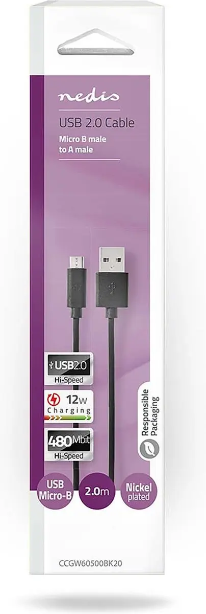 Nedis USB 2.0 A naar Micro-B Kabel 2m - 12W