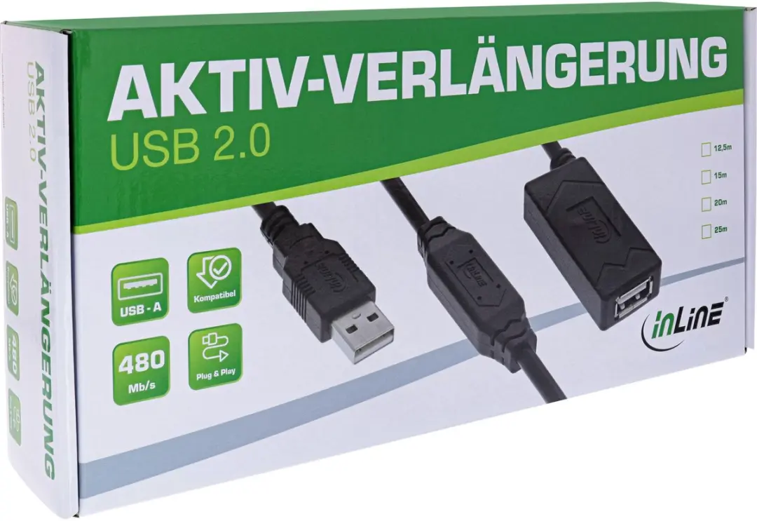 InLine USB-A Verlengkabel 20m - USB2.0 - Zwart