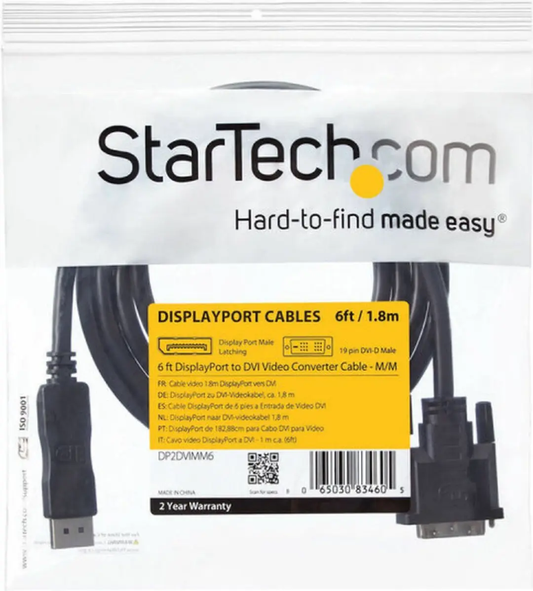 Startech DP2DVIMM6 DisplayPort naar DVI Adapter - 1,8 m - Zwart
