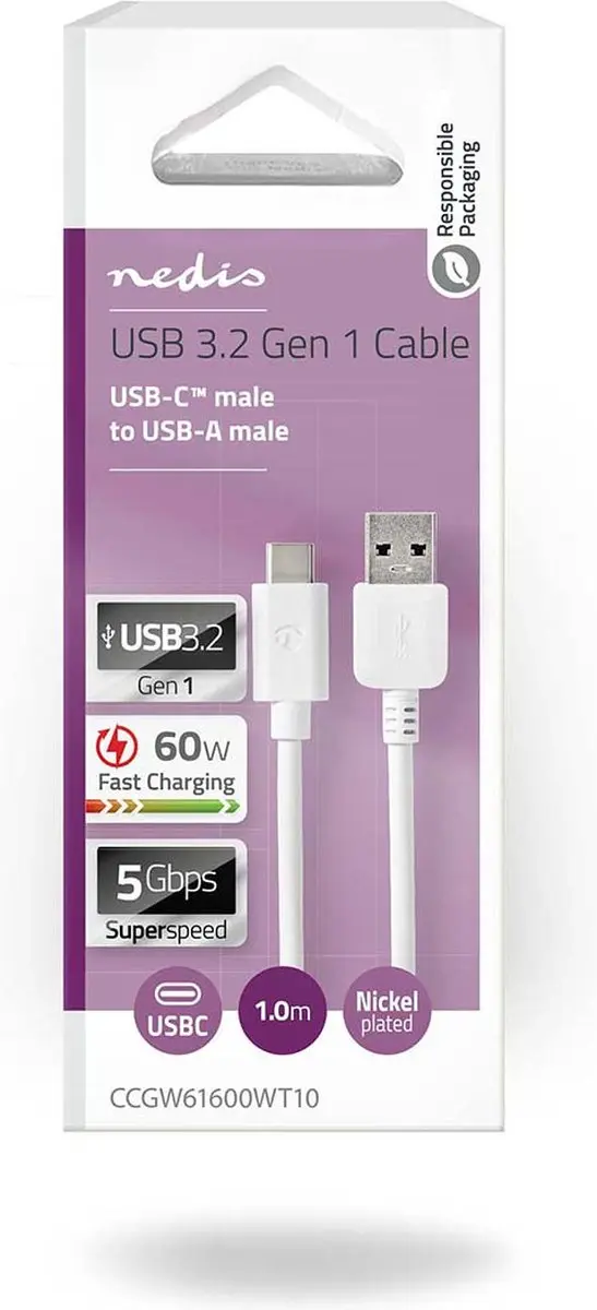 Nedis USB 3.2 Gen 1 A-C Kabel 60W 1m - Wit