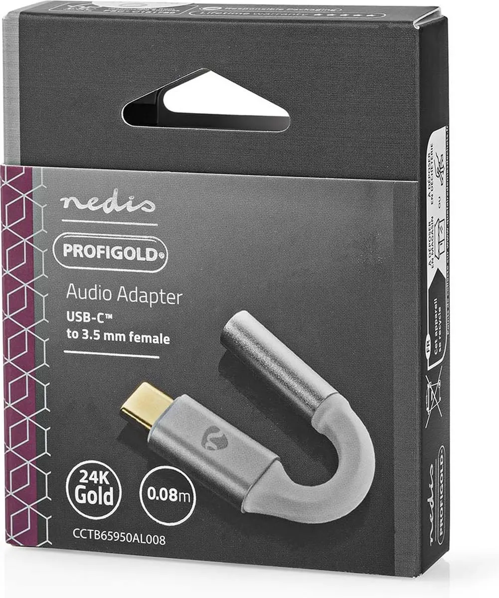 Nedis USB-C Adapter 3,5mm - 8cm - Verguld - Wit/Zilver