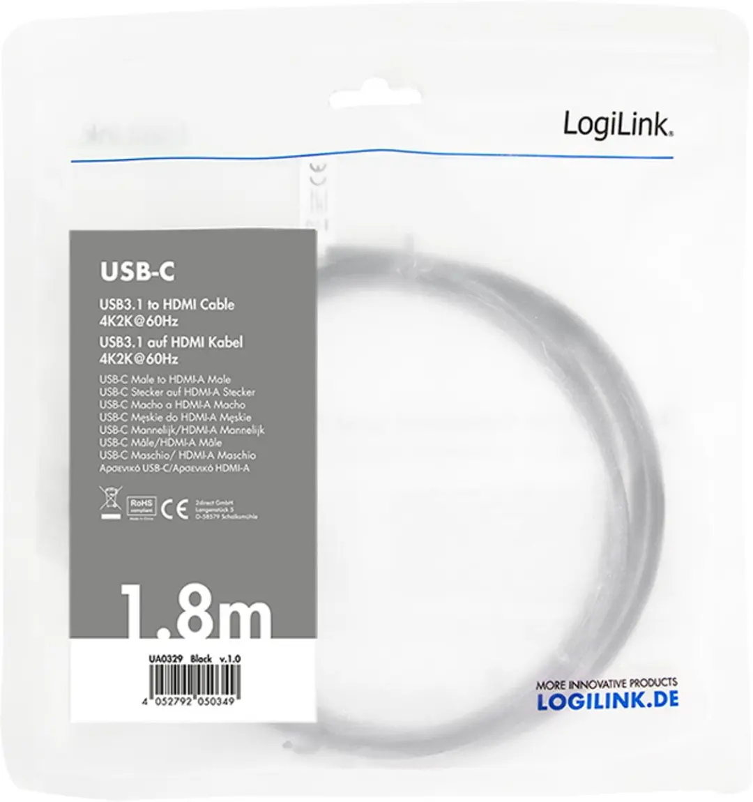 Logilink USB Type-C naar HDMI Kabel 4K60 - 1,8m - Zwart