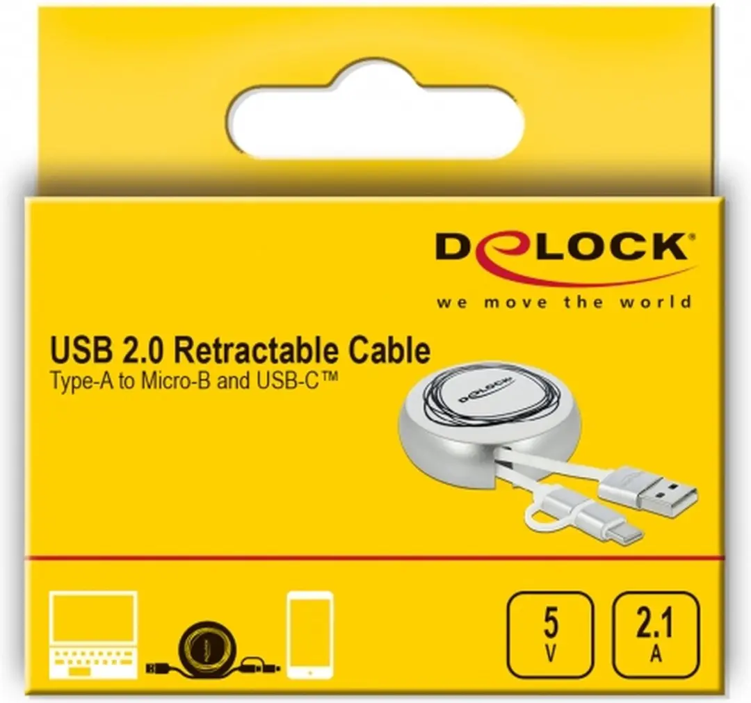 Delock USB 2 Retractable Kabel A naar Micro-B & USB-C - Zilver/Wit