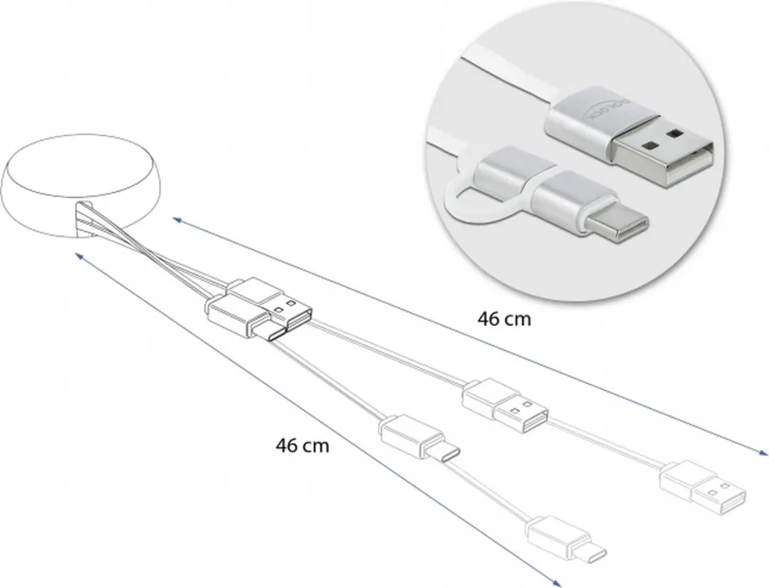Delock USB 2 Retractable Kabel A naar Micro-B & USB-C - Zilver/Wit