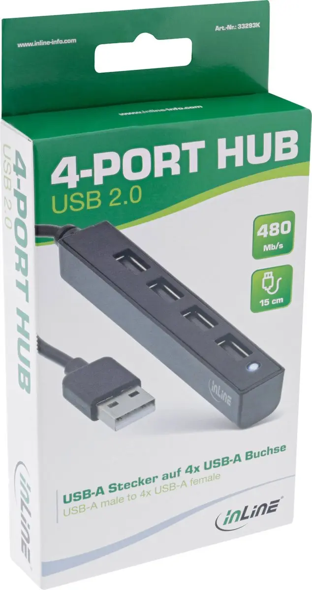 InLine USB 2.0 4-poorts Hub 15cm - Zwart