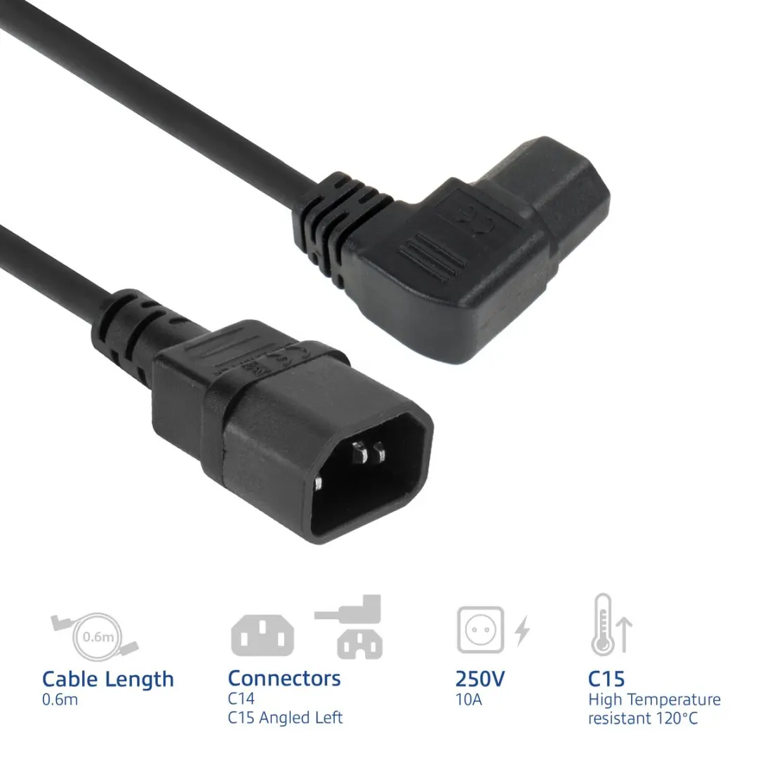 ACT AK5352 Netsnoer C14-C15 Haaks Links 0,6m - Zwart