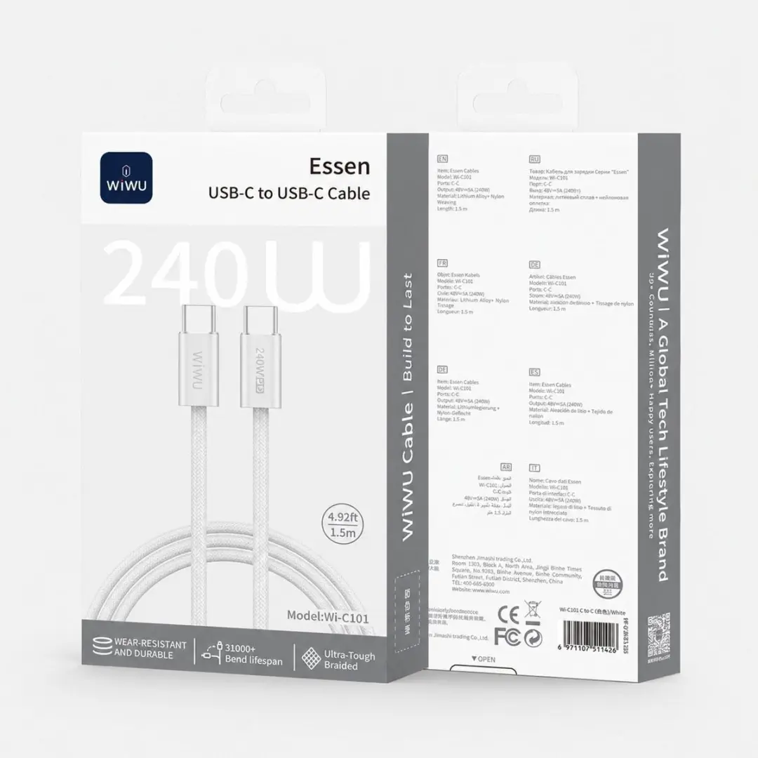 WiWu 14625 USB-C Kabel 240W - 1.5m - Wit