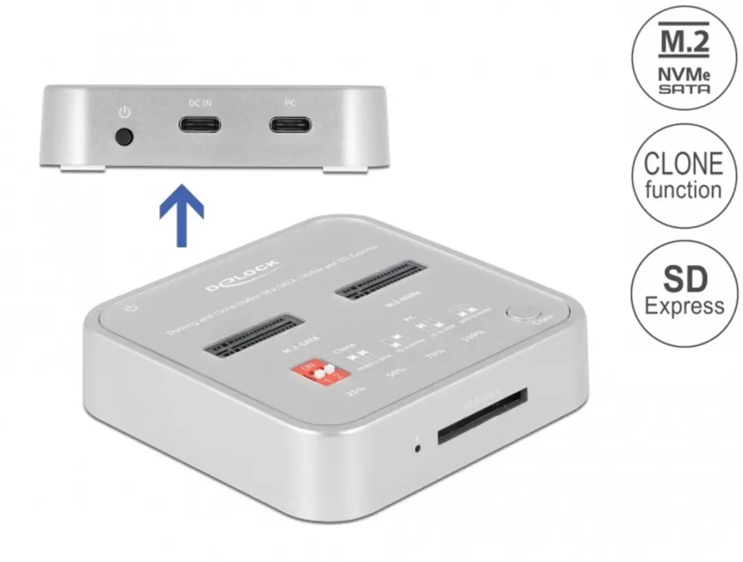 Delock 64138 Docking Station M.2 NVMe/SATA - SD Express Card Reader - Klonen