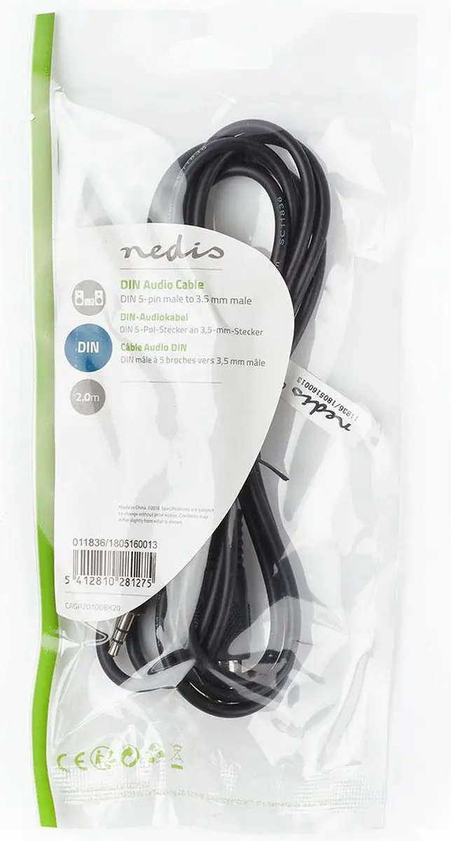 Nedis DIN-Audiokabel CAGP20100BK20 - 2m - 5-Pins Male naar 3,5mm Male - Zwart