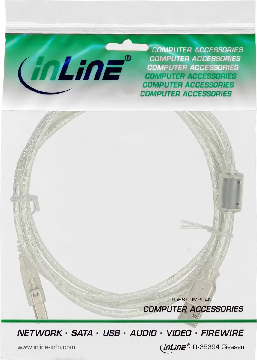 InLine USB naar USB-B Kabel 2.0 - 0,3m - 2A - Transparant