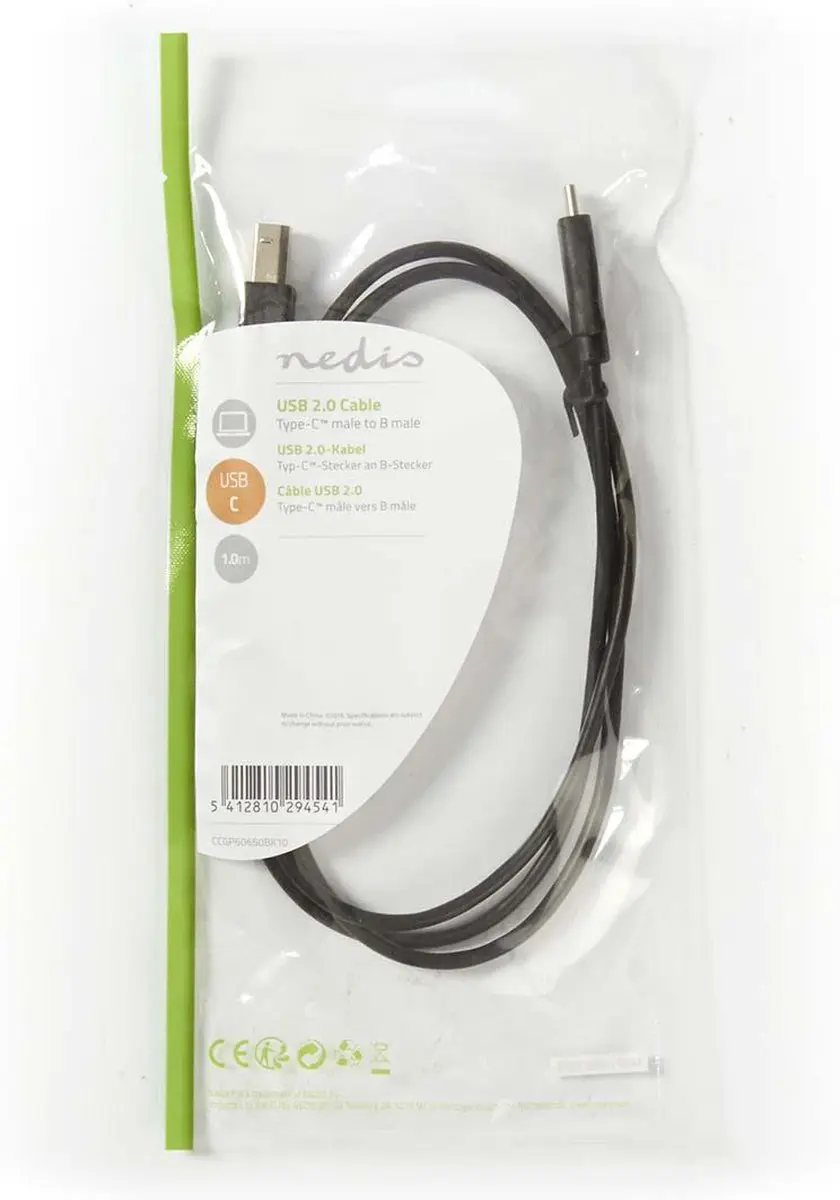 Nedis USB 2.0 USB-C naar USB-B Kabel 1m - Zwart