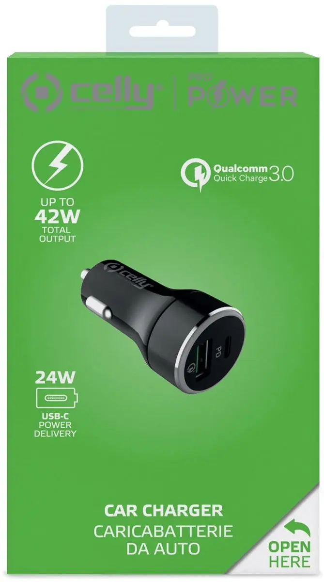 Celly ProPower Autolader - USB & USB-C - Zwart