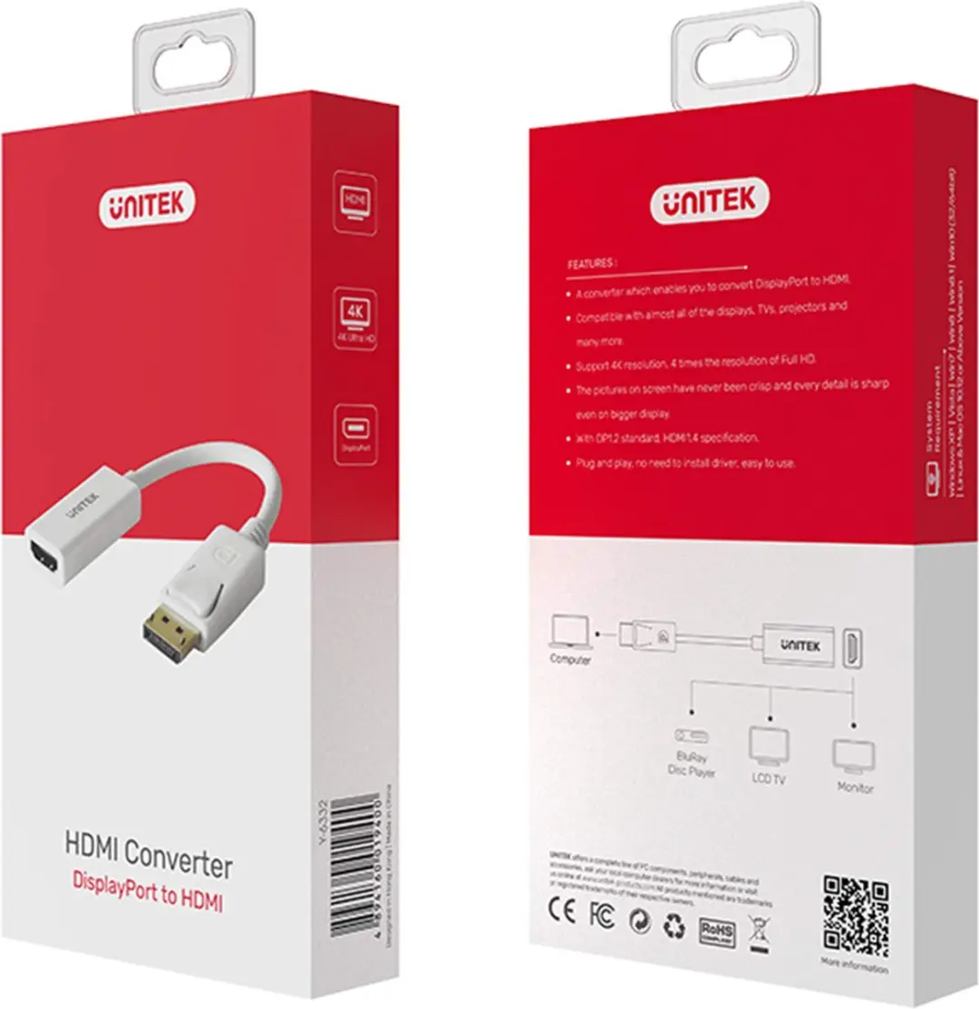 Unitek DisplayPort naar HDMI-adapter 4K - Wit