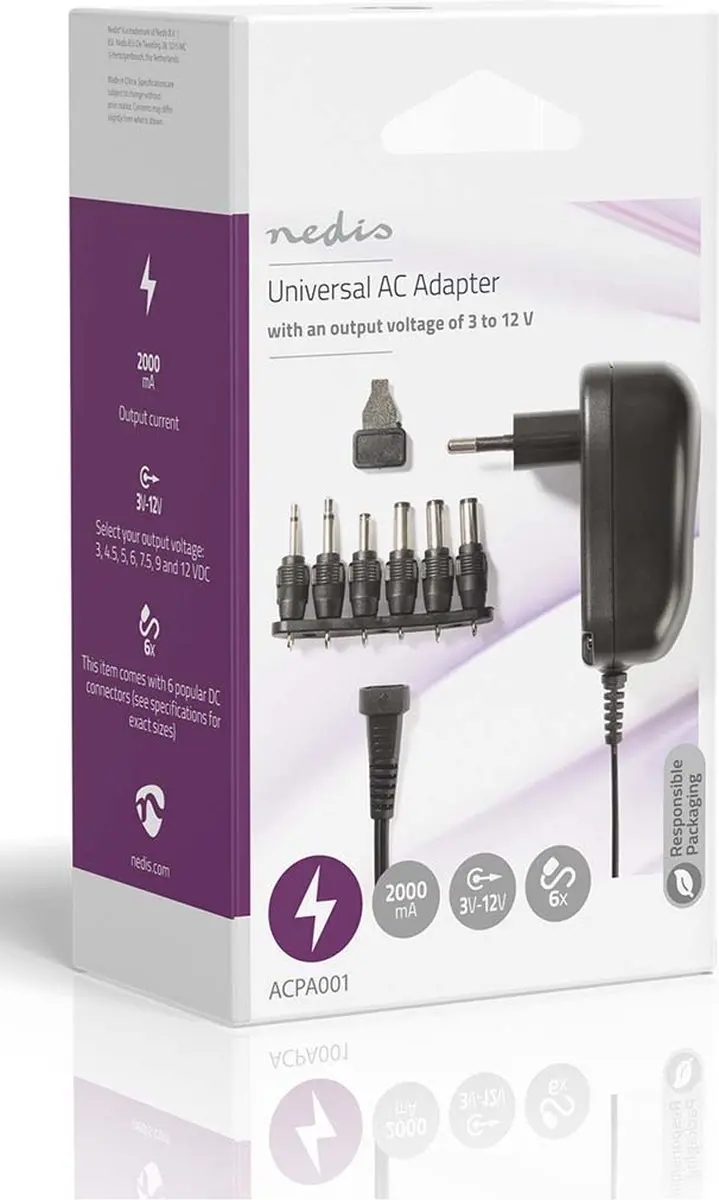 Nedis ACPA001 Universele AC-Stroomadapter 12W - 6 Pluggen - Zwart