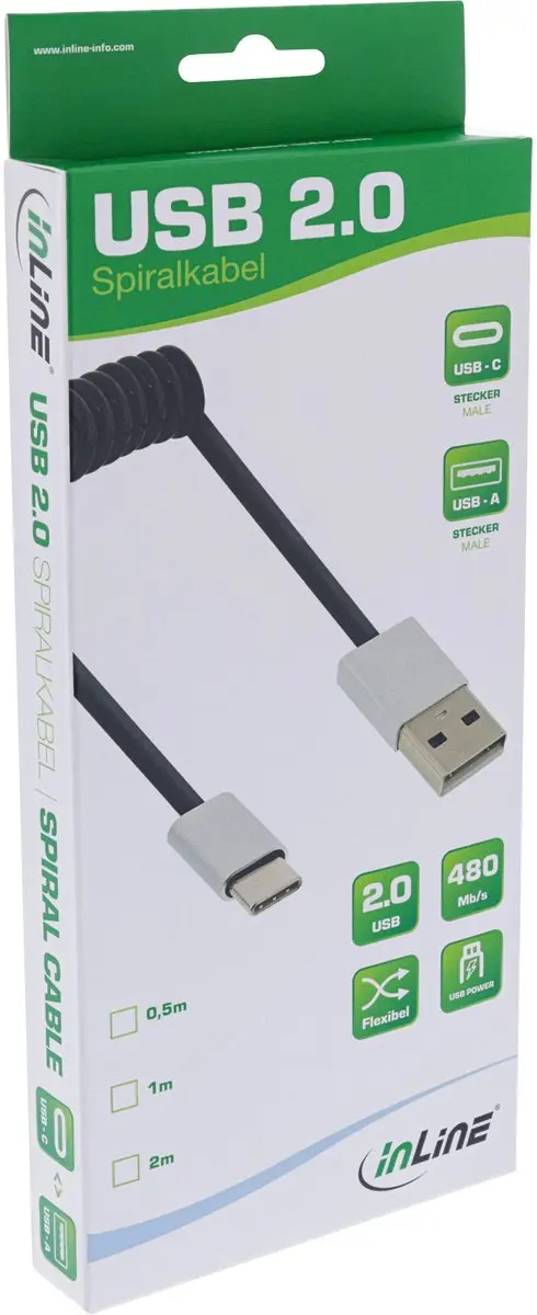InLine USB-C naar USB-A Spiraalkabel 1m - USB 2.0 - 3A - Zwart