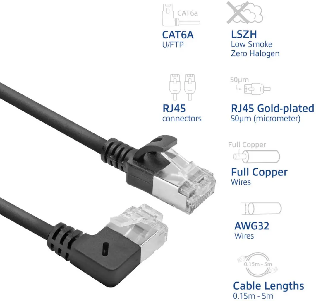 ACT DA2952 Patchkabel CAT6A U/FTP 0,25m - RJ45 recht naar 90° - Zwart
