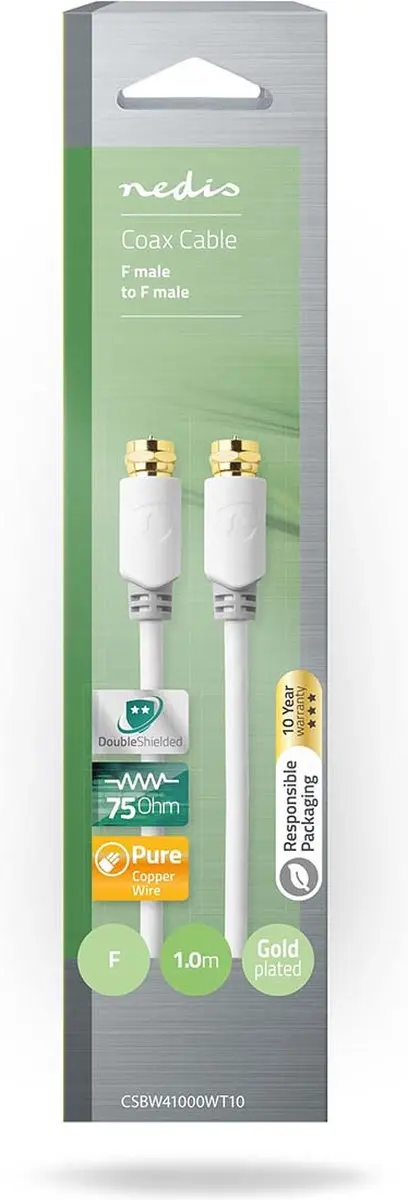 Nedis F-Male Antennekabel 75 Ohm 1m - Verguld - Wit - afbeelding 6 van 6