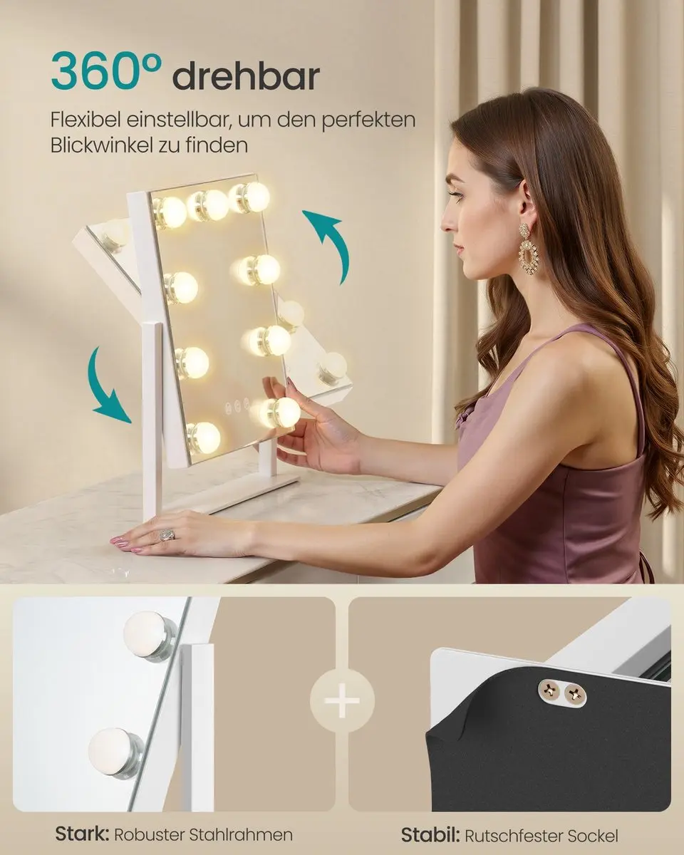 Songmics Make-upspiegel 15 LED Verlichting - Mat Wit 58x43cm