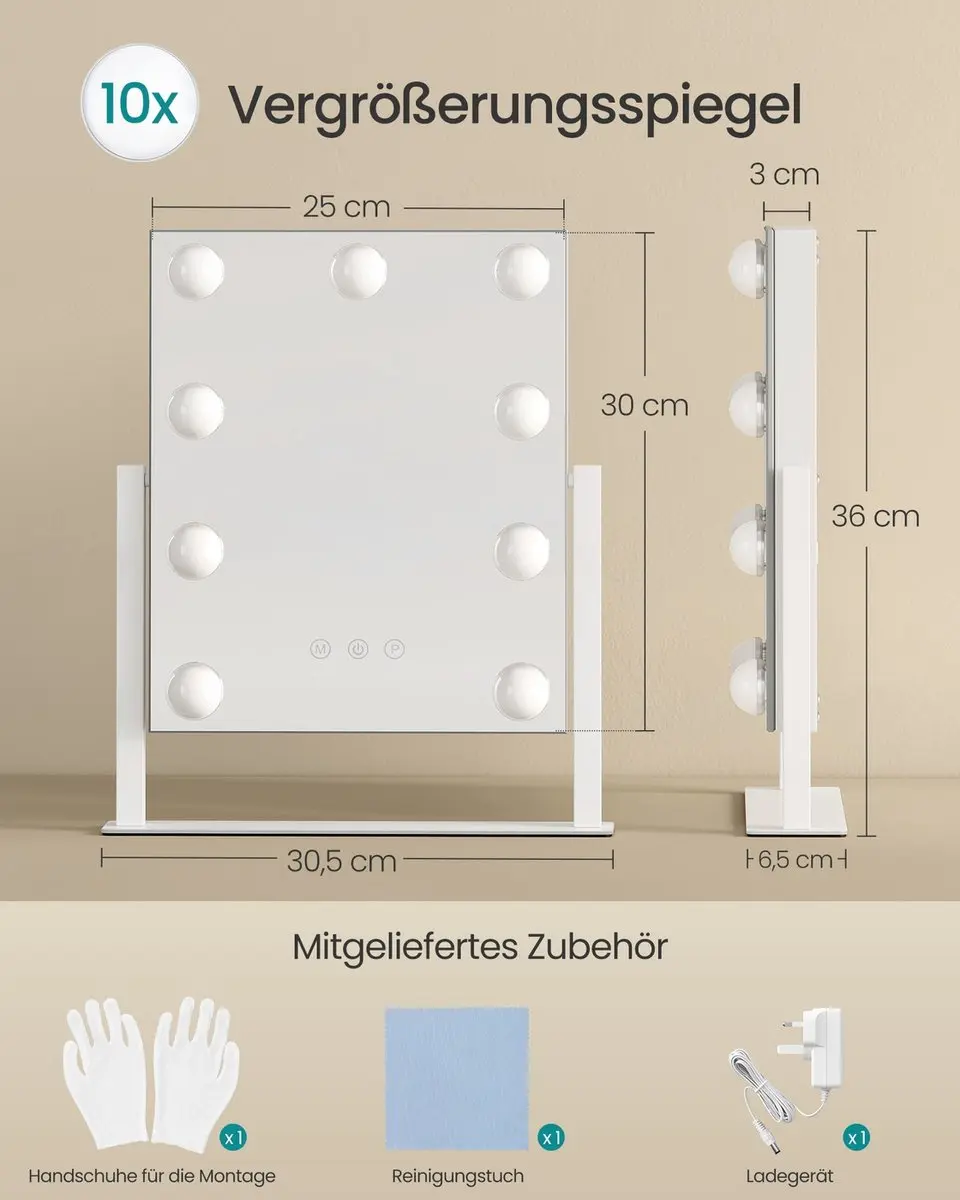 Songmics Make-upspiegel 15 LED Verlichting - Mat Wit 58x43cm