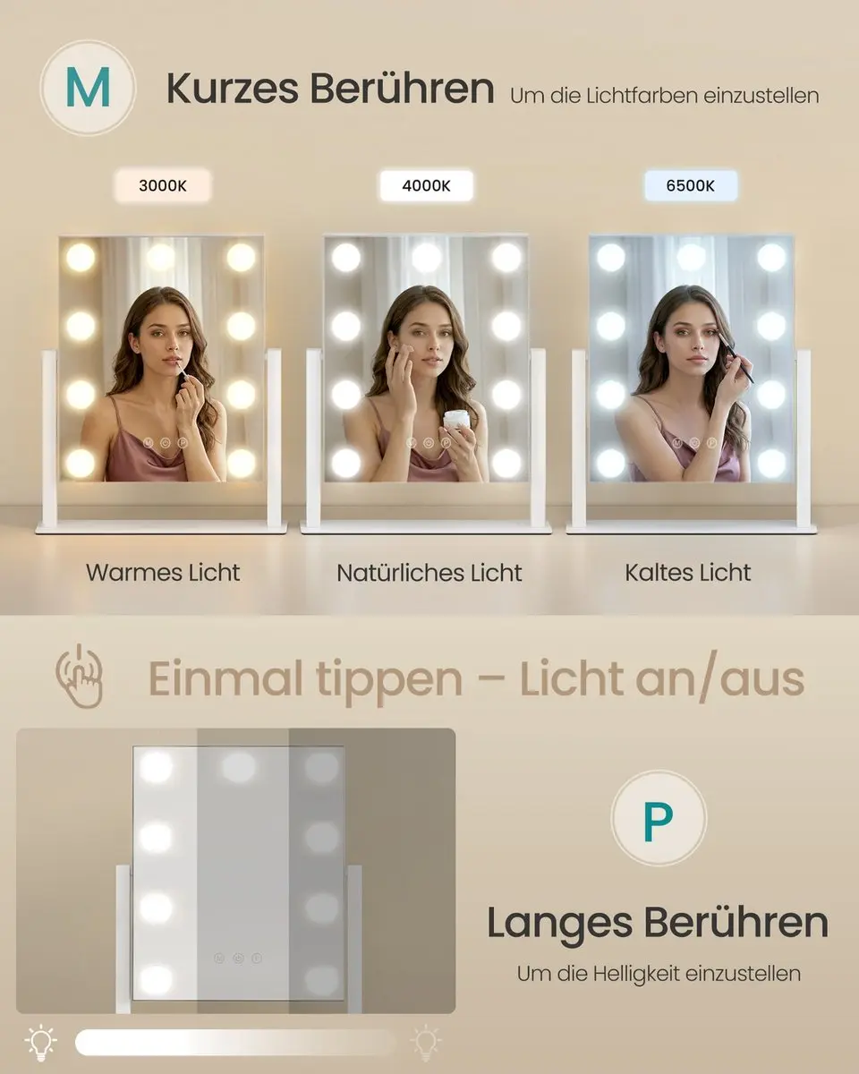 Songmics Make-upspiegel 15 LED Verlichting - Mat Wit 58x43cm