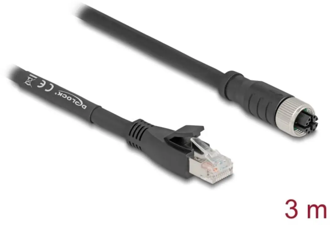 Delock M12 8-pins X-gecodeerd Industriële Netwerkkabel CAT5e 3m - Zwart