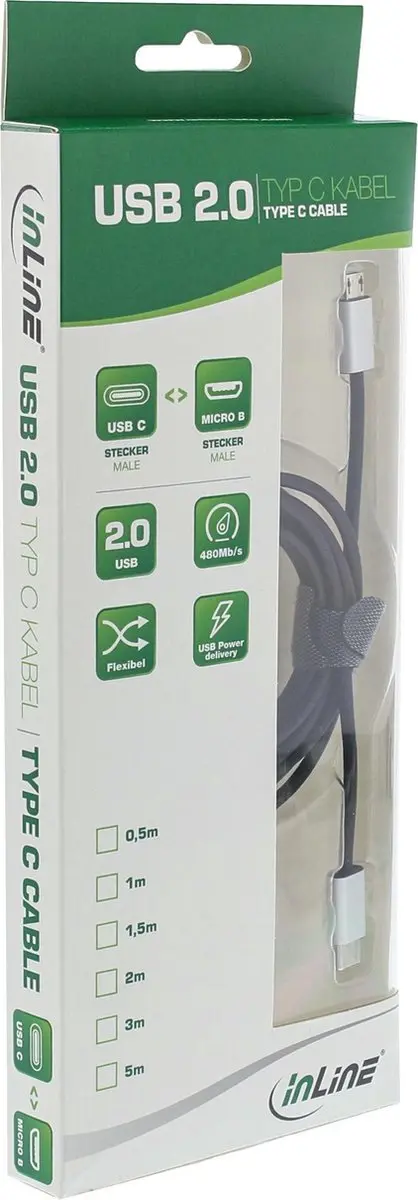 InLine USB Micro B naar USB-C Kabel 0,5m - Zwart