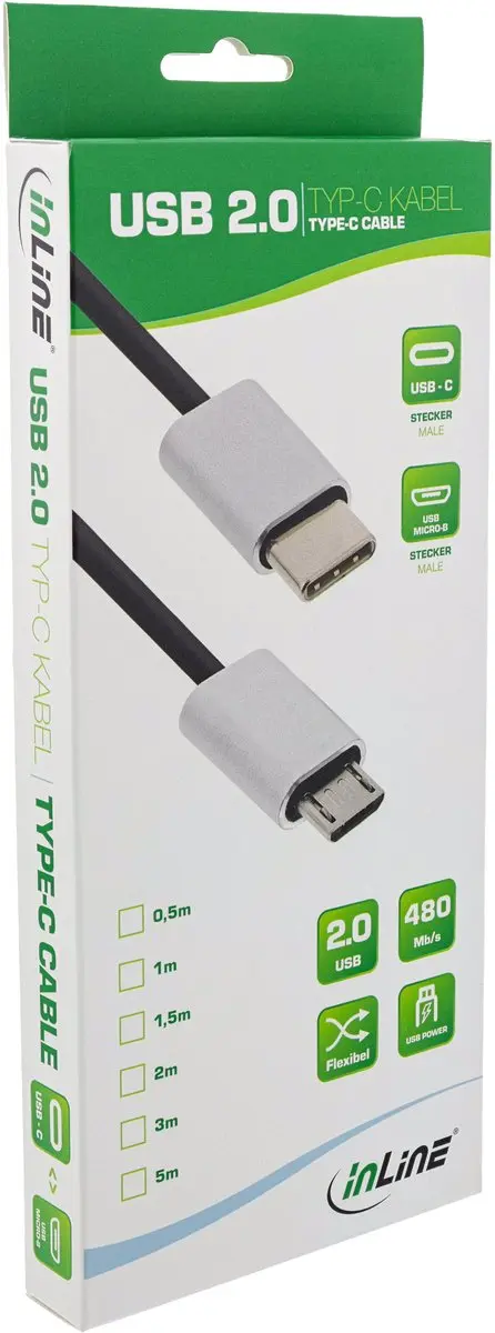 InLine USB Micro B naar USB-C Kabel 0,5m - Zwart