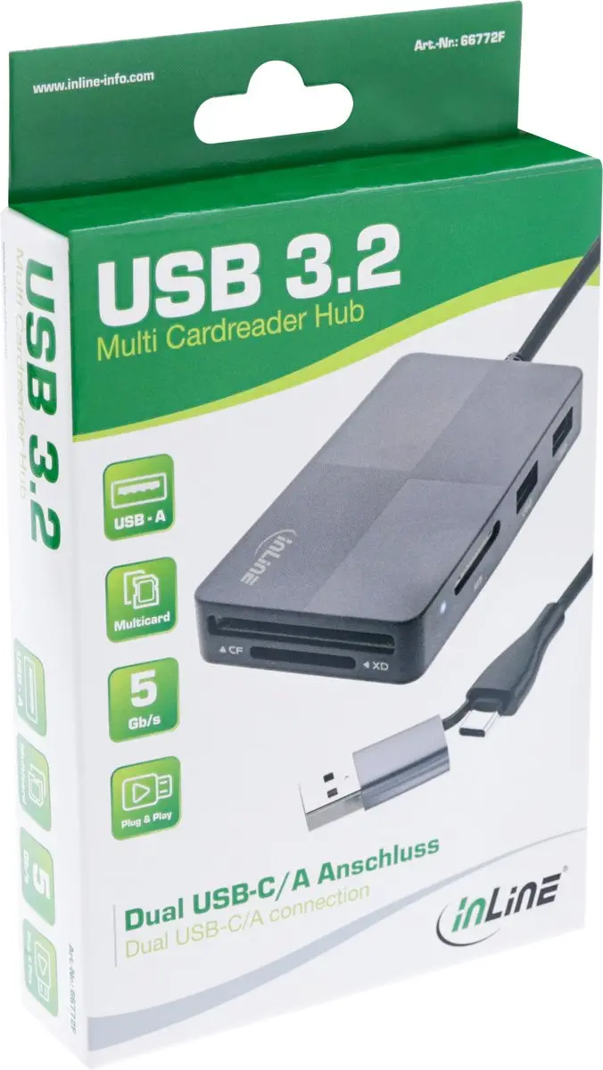 InLine USB Hub met Kaartlezer 66772F - 3x USB-A 5 Slots - USB 3.0 - 30cm - Zwart