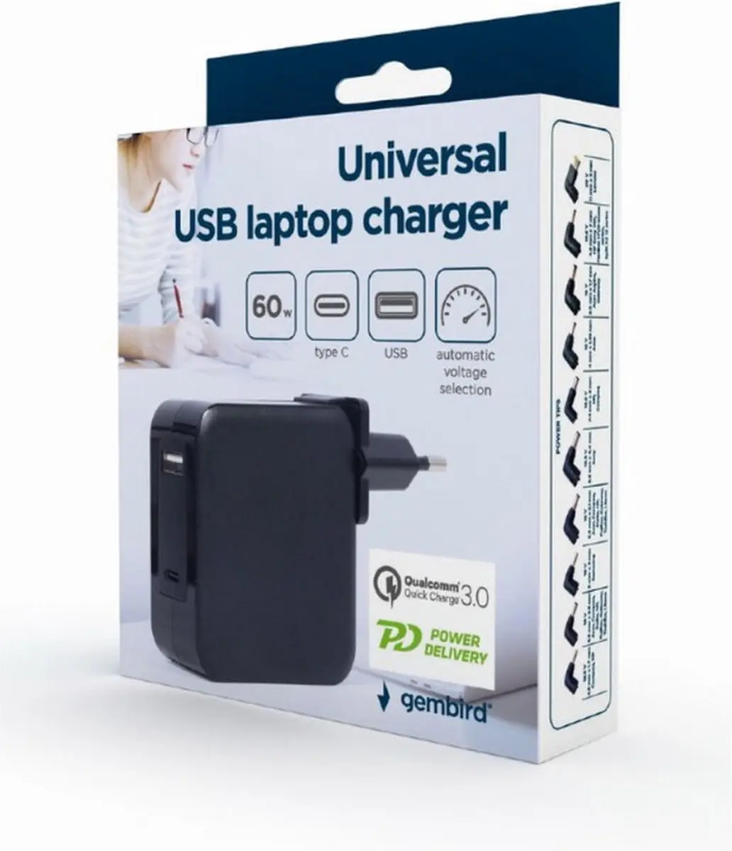Gembird USB/USB-C Notebookadapter 60W PD - Zwart