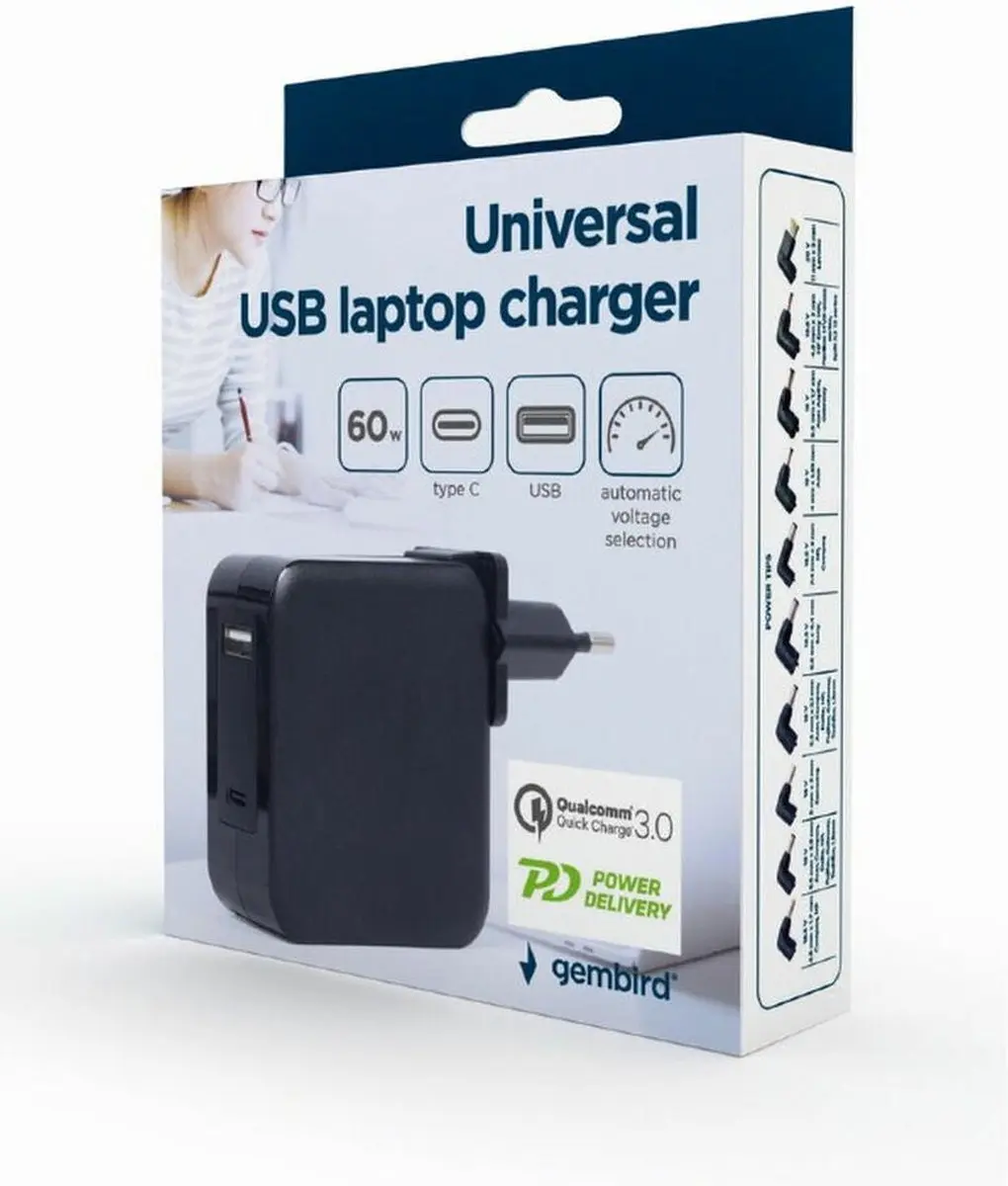 Gembird USB/USB-C Notebookadapter 60W PD - Zwart
