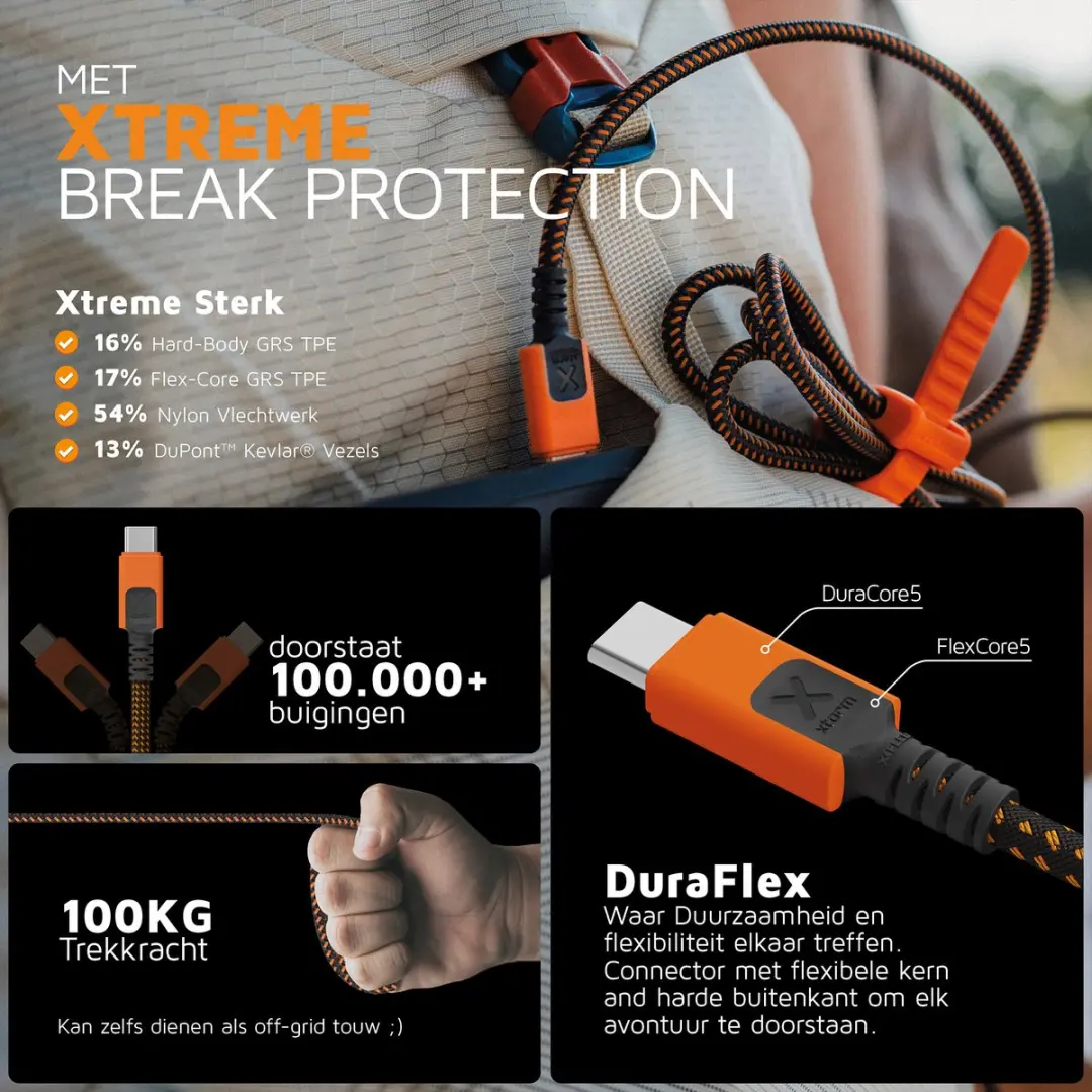 Xtorm Xtreme USB naar USB-C Kabel 1,5m - Zwart/Oranje