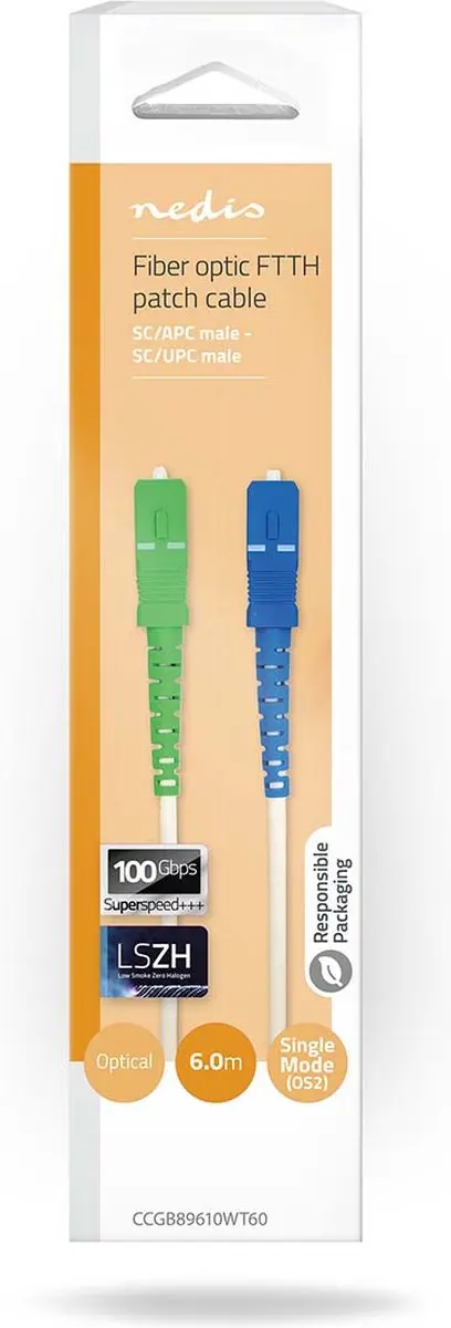Nedis Glasvezel Patchkabel CCGB89610WT60 - SMF SC/APC naar SC/UPC 100Gbps 6m Wit