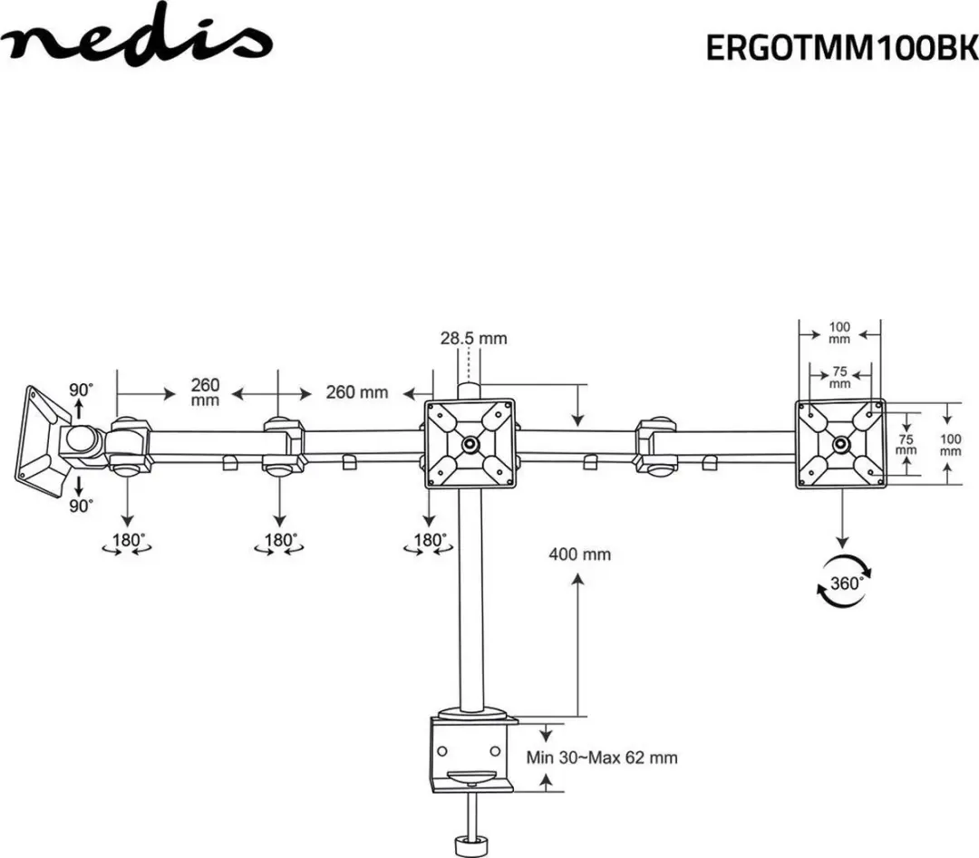 Nedis ERGOTMM100 Monitorbeugel 3 Schermen - 14-24" - Zwart