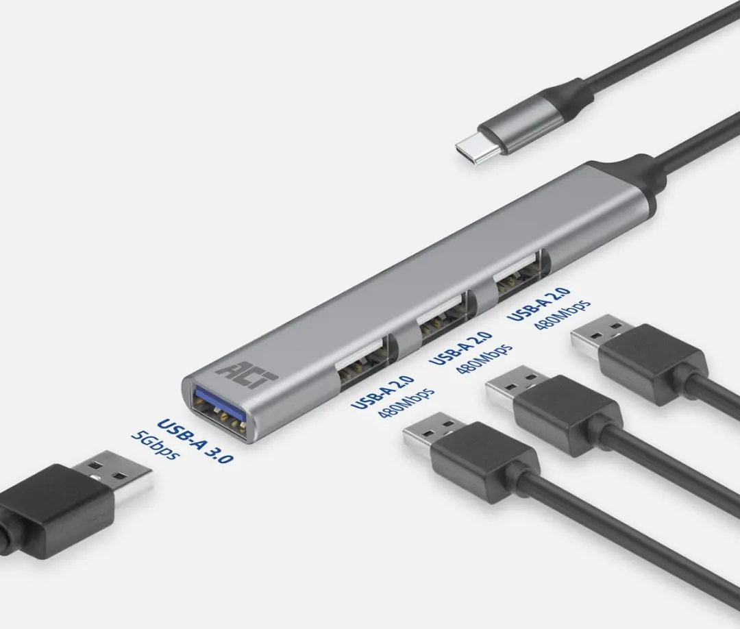 ACT AC6425 USB-C Hub - 3x USB-A 2.0 + 1x USB-A 3.0 Grijs