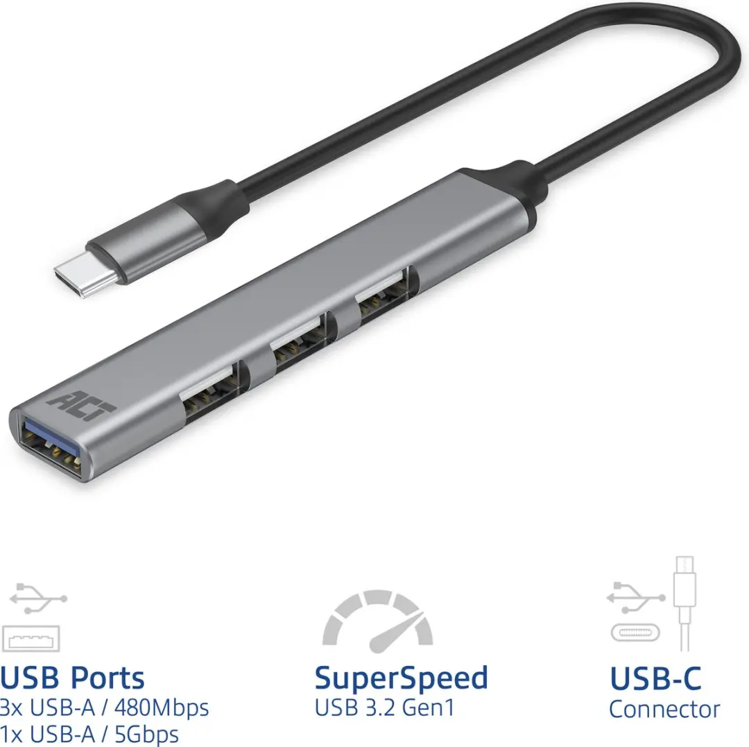 ACT AC6425 USB-C Hub - 3x USB-A 2.0 + 1x USB-A 3.0 Grijs