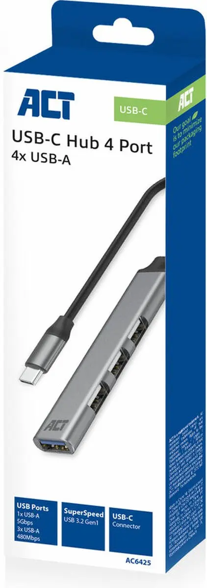 ACT AC6425 USB-C Hub - 3x USB-A 2.0 + 1x USB-A 3.0 Grijs - afbeelding 6 van 6