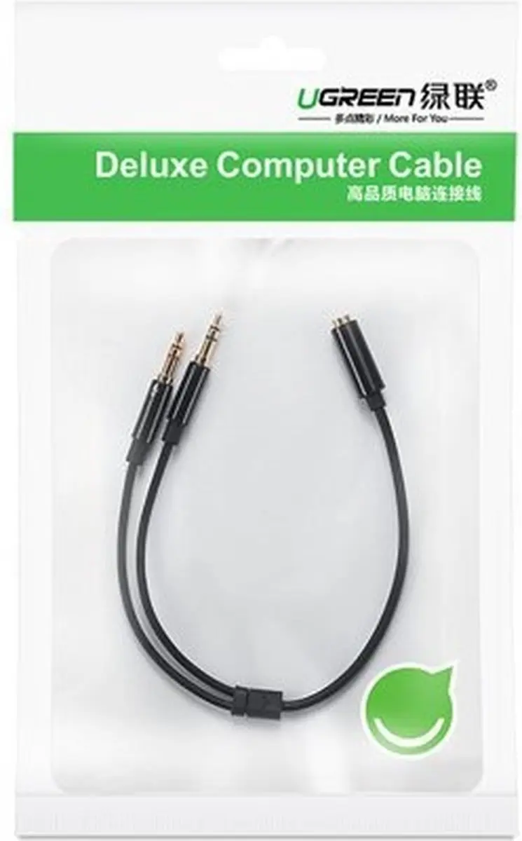 Ugreen Koptelefoon Splitter 20cm - 2x 3.5mm Jack - Met Microfoon - Zwart