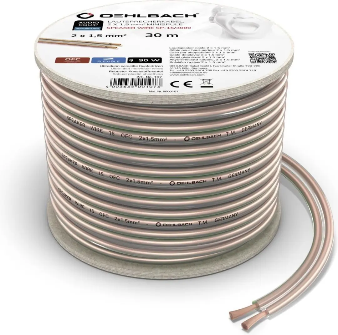 Oehlbach Luidsprekerkabel 2x1,5mm² Minihaspel 30m - Transparant