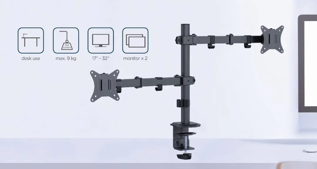 Gembird MA-D2-03 Monitorarm Dubbel - 17-32" - 9kg per Monitor - Zwart