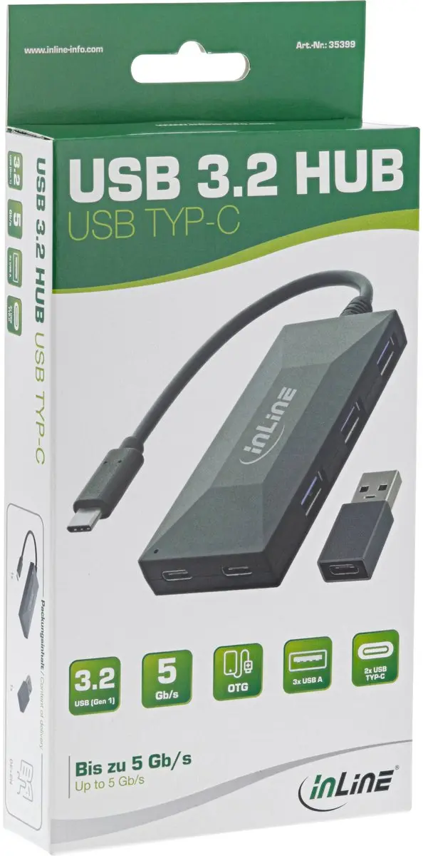 InLine USB Hub 3x USB-A 2x USB-C 5Gbps - 0,15m - Zwart