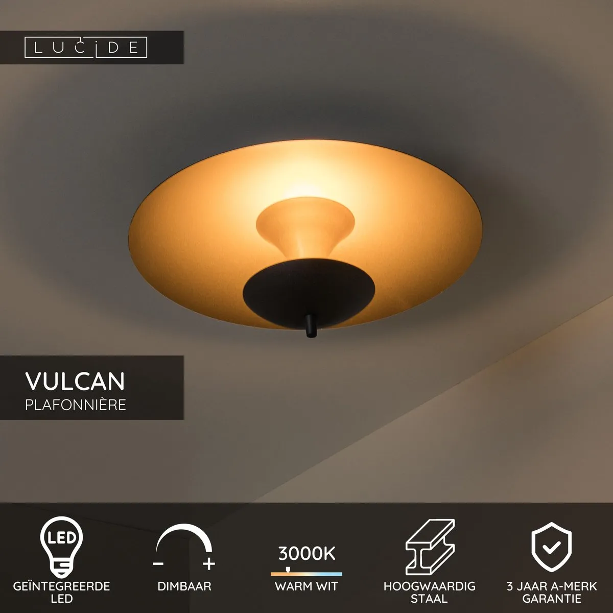 Lucide Vulcan Plafondlamp Ø35cm - LED 9W 3000K - Zwart