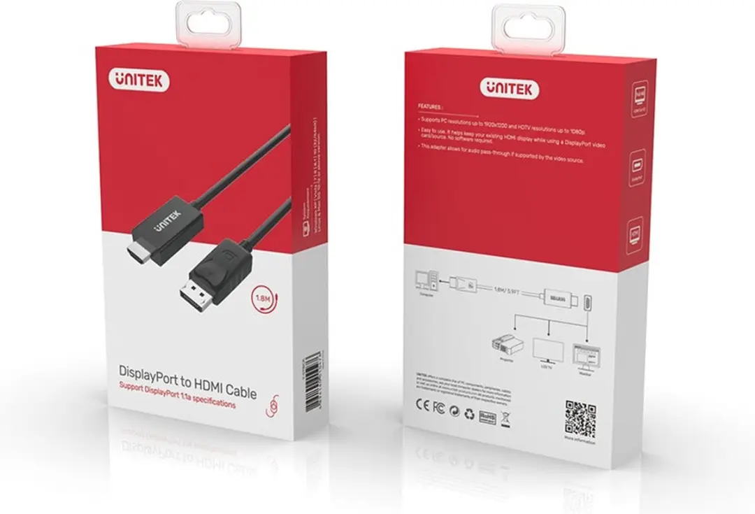 Unitek DisplayPort naar HDMI-adapterkabel 1,8m - Zwart