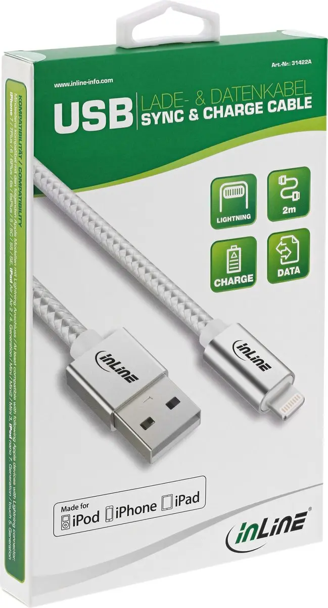 InLine Lightning USB-kabel 2m MFi - Zilver