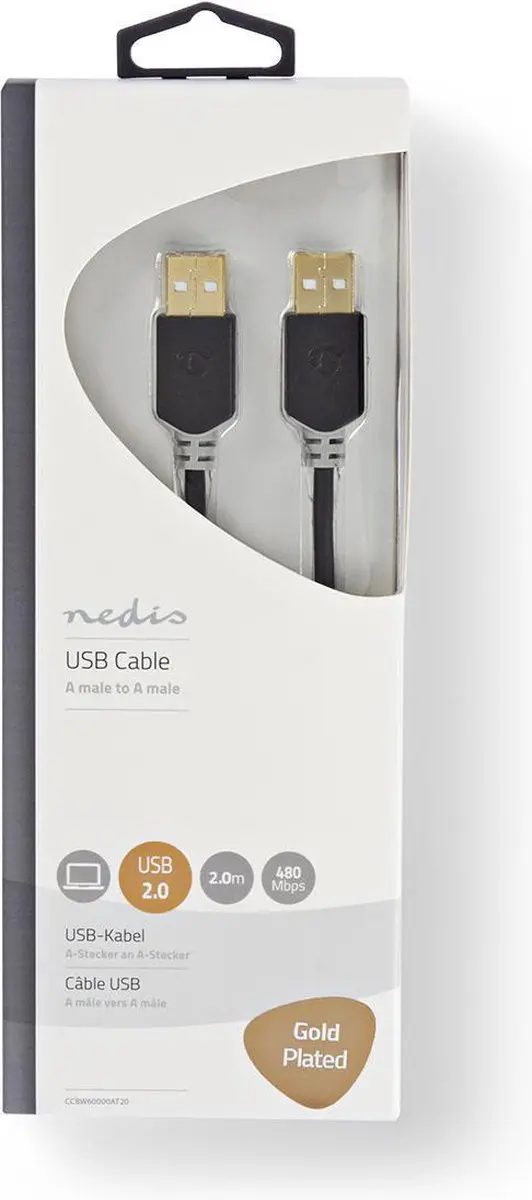 Nedis USB 2.0 A-A Kabel 2m - Verguld - Antraciet